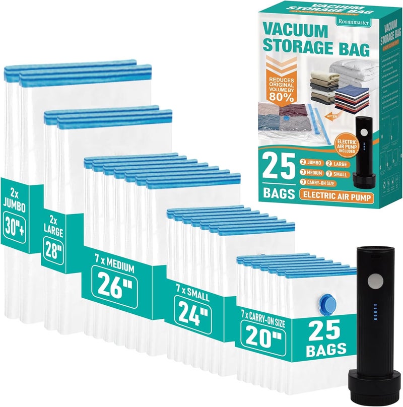 Roomimaster 25 Pack Travel Vacuum Storage Bags with Rechargeable Wireless Electric Pump, Travel Packing Bags for Luggage and Suitcase, Carry-on Size Compression Space Saver for Clothes and Clothing - Image 1